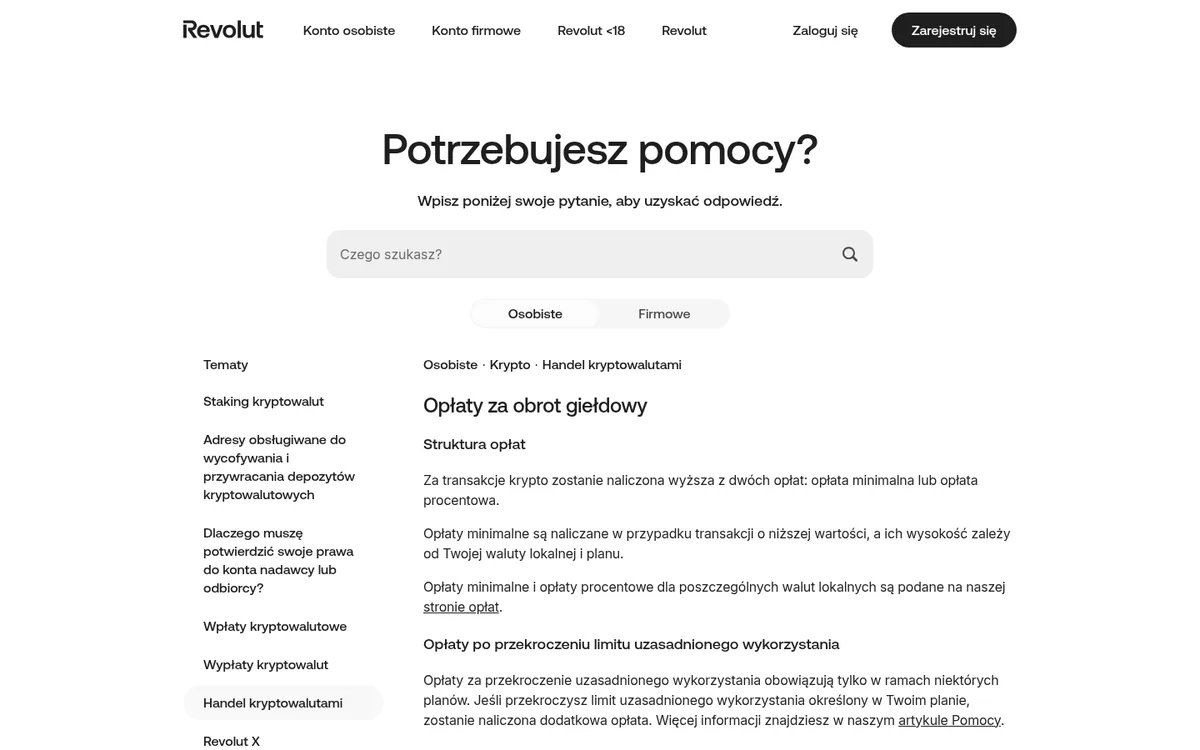 Strona pomocy Revolut o opłatach za kryptowaluty – bitcoiny kupno w serwisie Revolut
